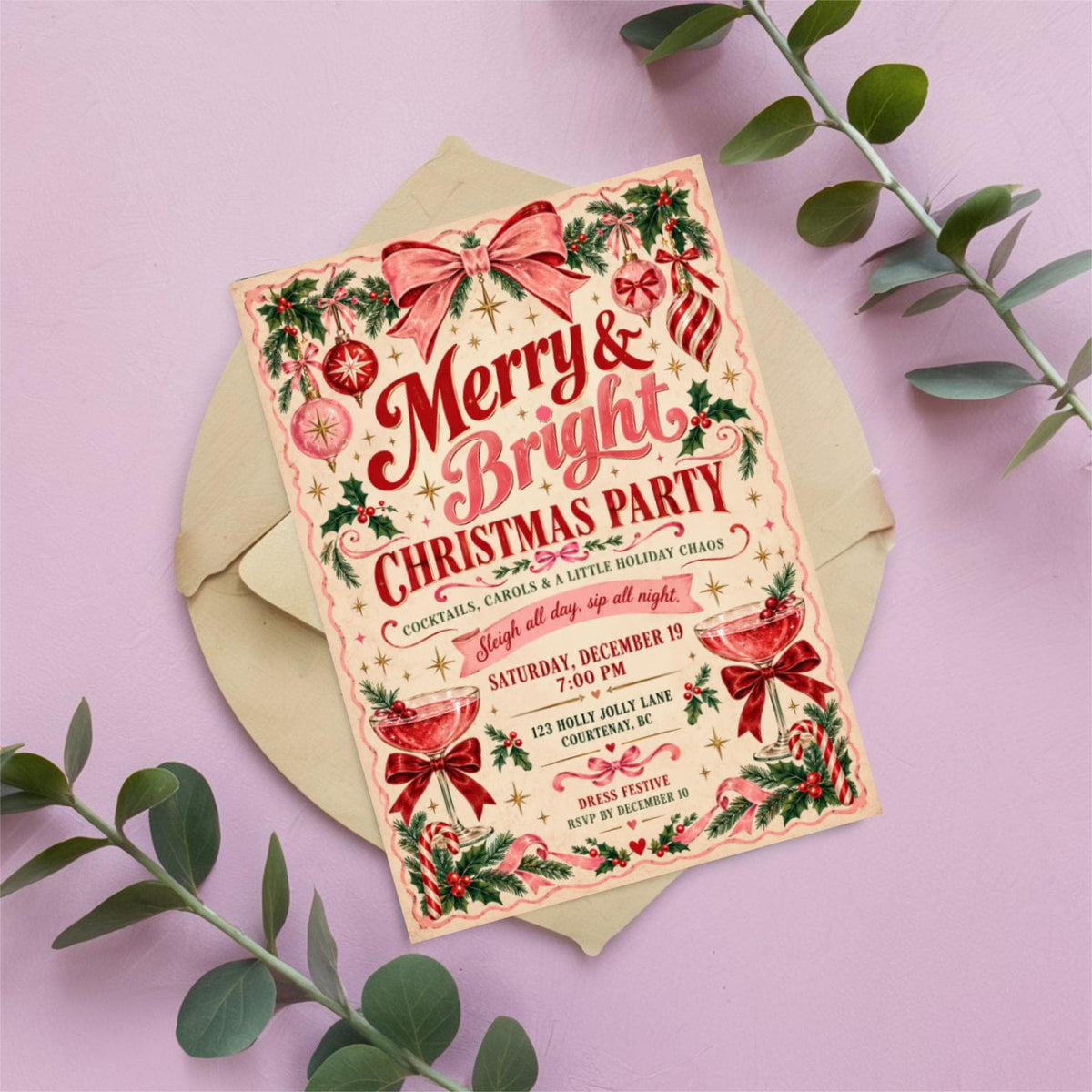 Retro Christmas party invitation displayed on a soft pink background surrounded by delicate green botanical leaves. The festive digital template features vintage holiday lettering, traditional Christmas colours, and decorative seasonal artwork.