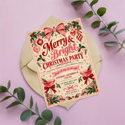 Retro Christmas party invitation displayed on a soft pink background surrounded by delicate green botanical leaves. The festive digital template features vintage holiday lettering, traditional Christmas colours, and decorative seasonal artwork.