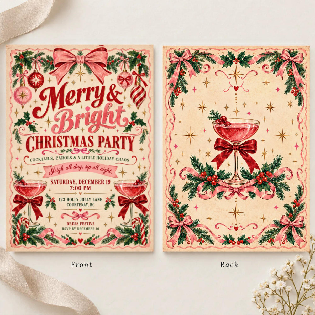 Editable Christmas game night invitation shown with matching front and back designs side by side. Vintage-inspired holiday artwork features cheerful red and green lettering, festive ornaments, and playful Christmas illustrations.