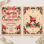 Editable Christmas game night invitation shown with matching front and back designs side by side. Vintage-inspired holiday artwork features cheerful red and green lettering, festive ornaments, and playful Christmas illustrations.