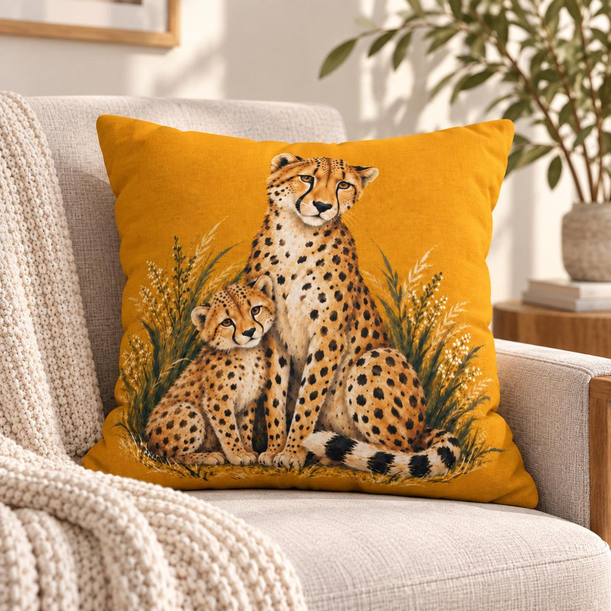 Square accent cushion with the cheetah artwork displayed in a cozy living room scene with cream blankets and warm neutral decor.