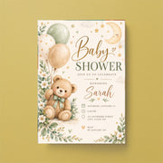 Watercolor teddy bear baby shower invitation displayed on a warm golden-yellow background. The pastel design features an adorable bear, sage green balloons, soft floral details, and a dreamy moon and stars theme.