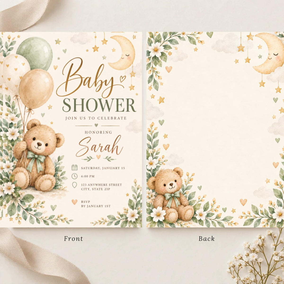 Coordinating baby shower invitation front and back displayed on a light cream background. The sweet watercolor design features a teddy bear, soft green and beige balloons, a smiling crescent moon, and botanical decorations.