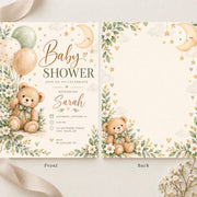 Coordinating baby shower invitation front and back displayed on a light cream background. The sweet watercolor design features a teddy bear, soft green and beige balloons, a smiling crescent moon, and botanical decorations.