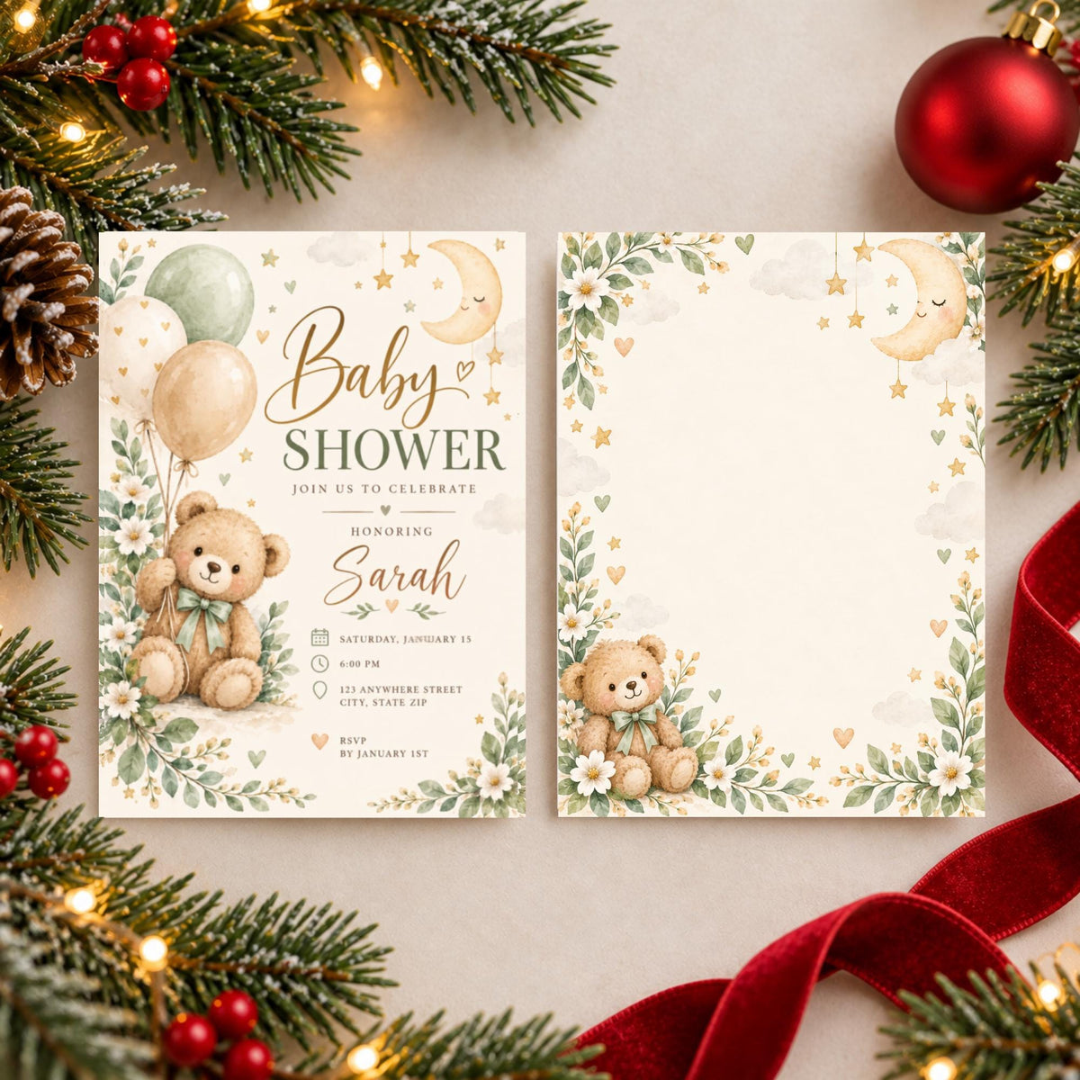 Matching front and back of a watercolor baby shower invitation displayed side by side on a festive background with Christmas ornaments and evergreen branches. Soft sage balloons, an adorable teddy bear, golden stars, and delicate flowers decorate the pastel design.
