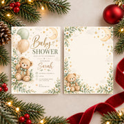 Matching front and back of a watercolor baby shower invitation displayed side by side on a festive background with Christmas ornaments and evergreen branches. Soft sage balloons, an adorable teddy bear, golden stars, and delicate flowers decorate the pastel design.