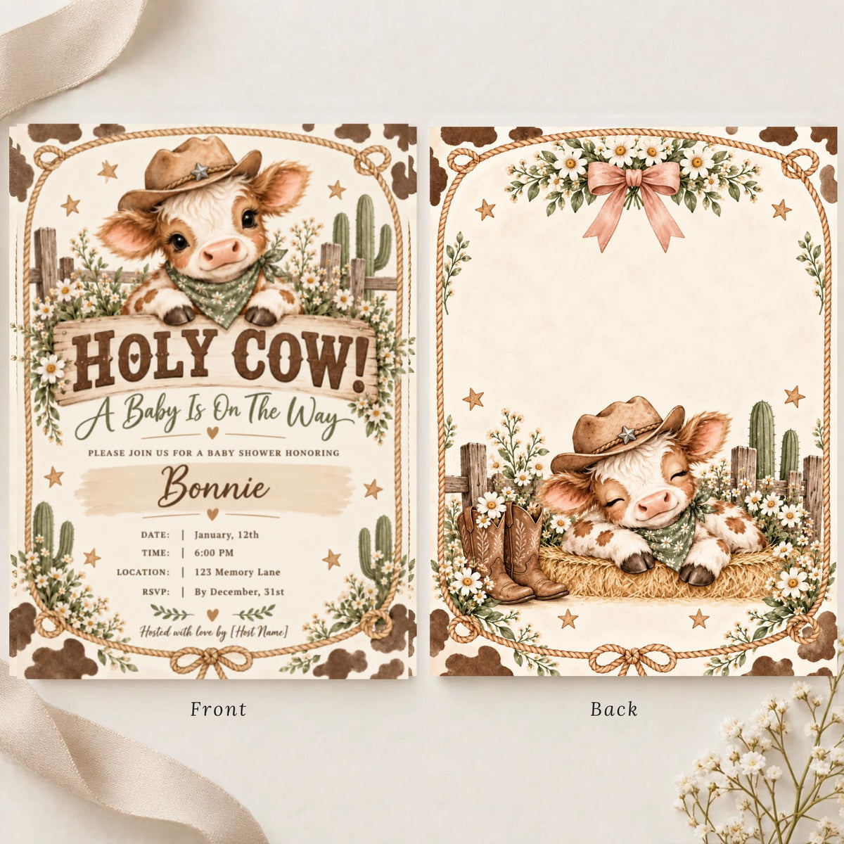 Matching front and back of a Holy Cow baby shower invitation displayed side by side. The coordinated Western designs feature a cute baby calf wearing a cowboy hat, rustic rope borders, delicate daisies, and country farmhouse decorations.