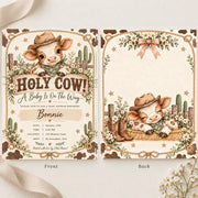Matching front and back of a Holy Cow baby shower invitation displayed side by side. The coordinated Western designs feature a cute baby calf wearing a cowboy hat, rustic rope borders, delicate daisies, and country farmhouse decorations.