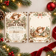 Matching front and back of a Holy Cow baby shower invitation displayed side by side. The coordinated Western designs feature a cute baby calf wearing a cowboy hat, rustic rope borders, delicate daisies, and country farmhouse decorations.