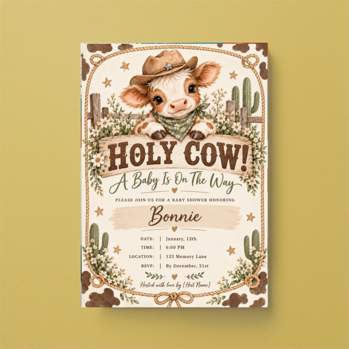 Editable cow baby shower invitation displayed on a warm golden-yellow background. The country-themed artwork features a smiling baby cow in a cowboy hat, delicate wildflowers, and soft brown and sage green colours.