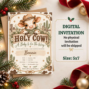 Western baby shower invitation displayed beside a digital download information card on a festive Christmas-themed background. The 5x7 editable template features a cute cowboy calf, country wildflowers, and vintage farmhouse details.