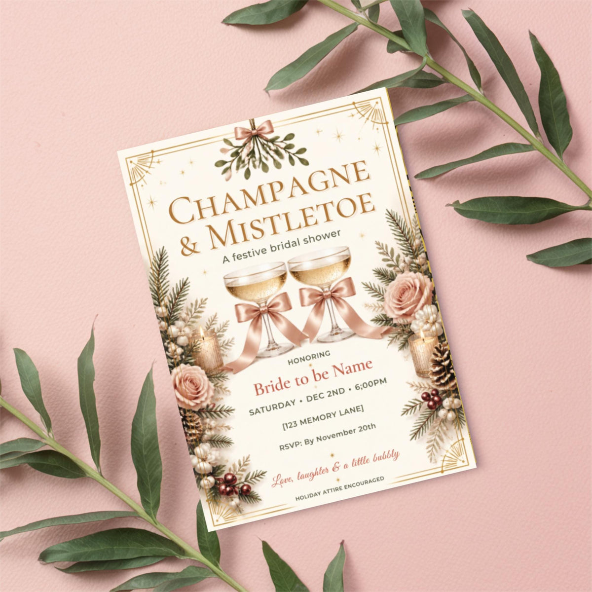 Vintage Christmas and Mistletoe party invitation displayed on a blush pink background with leafy green accents. The festive digital template features ornamental holiday typography, red berries, and greenery surrounding the invitation details.