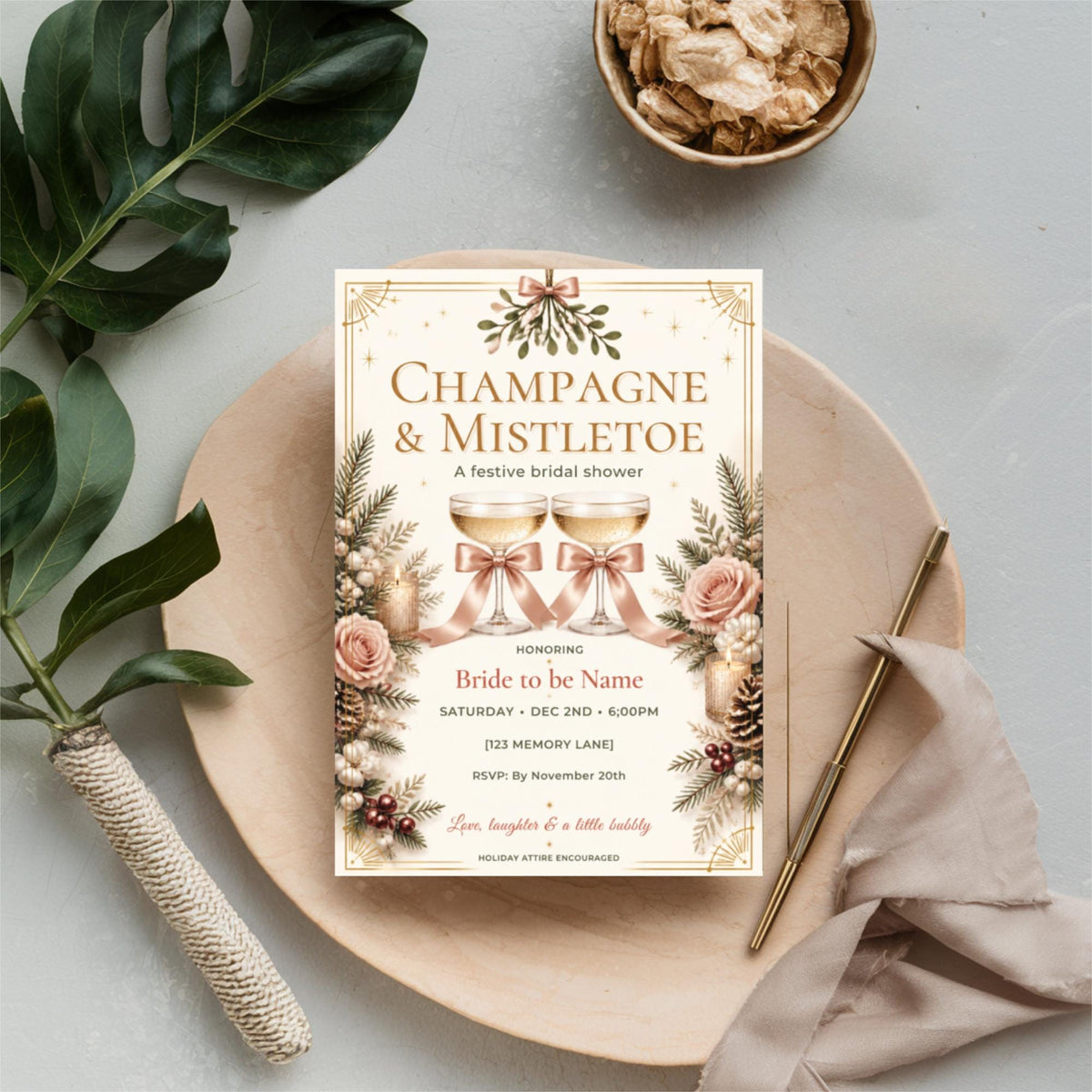 Christmas and Mistletoe invitation resting on a round wooden tray surrounded by evergreen foliage and neutral holiday accessories. The vintage-style design features elegant lettering, festive berries, and botanical decorations.