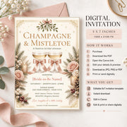 Editable Christmas and Mistletoe invitation displayed on a light textured surface surrounded by eucalyptus greenery. The festive design combines classic holiday illustrations, red berries, elegant lettering, and neutral colours.