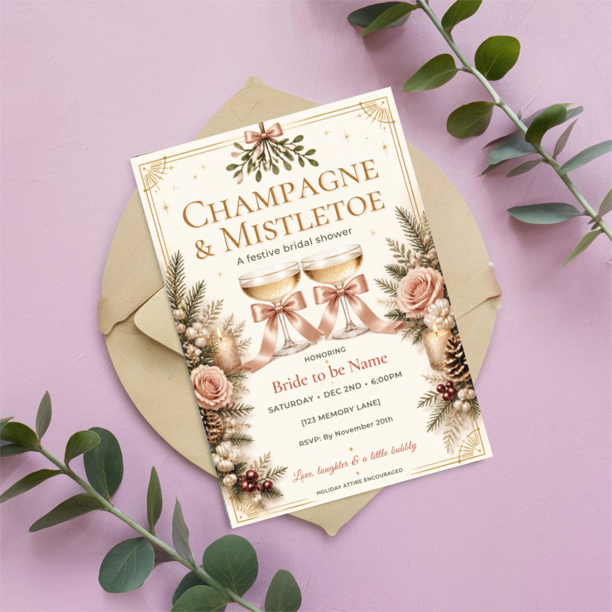 Vintage Christmas and Mistletoe invitation displayed on a blush pink background surrounded by eucalyptus leaves. The editable holiday template features elegant gold lettering, evergreen branches, red berries, and a warm cream background.