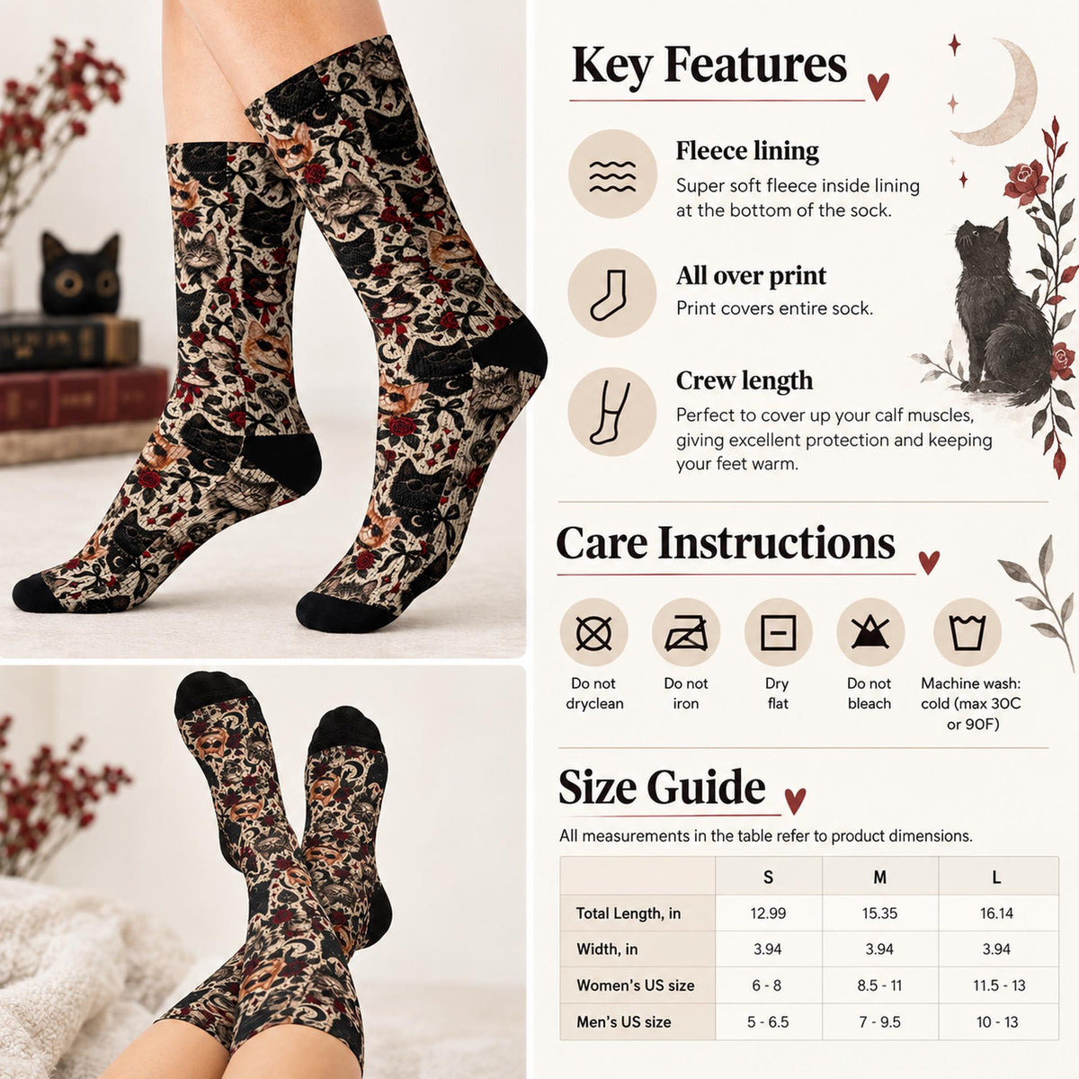 Gothic cat crew socks informational chart showing fleece lining, all-over print, crew length, washing instructions, and size guide for small, medium, and large in women's and men's US shoe sizes.