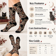 Gothic cat crew socks informational chart showing fleece lining, all-over print, crew length, washing instructions, and size guide for small, medium, and large in women's and men's US shoe sizes.