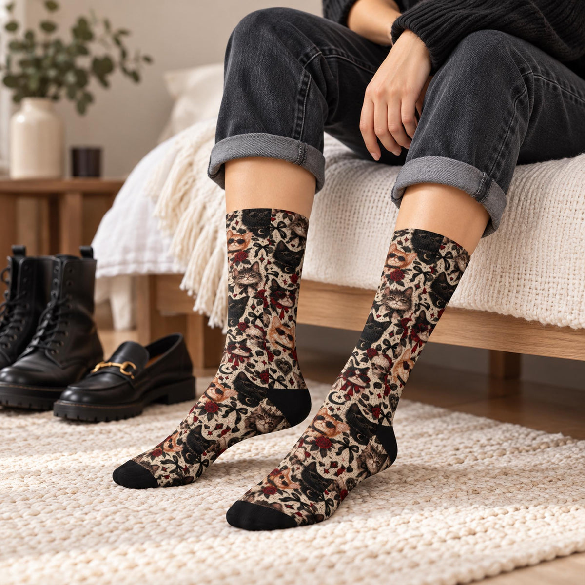 Gothic cat patterned crew socks worn with rolled black jeans in a cozy bedroom. Black boots and loafers sit nearby, showing how these whimsical cat socks complement everyday alternative outfits.