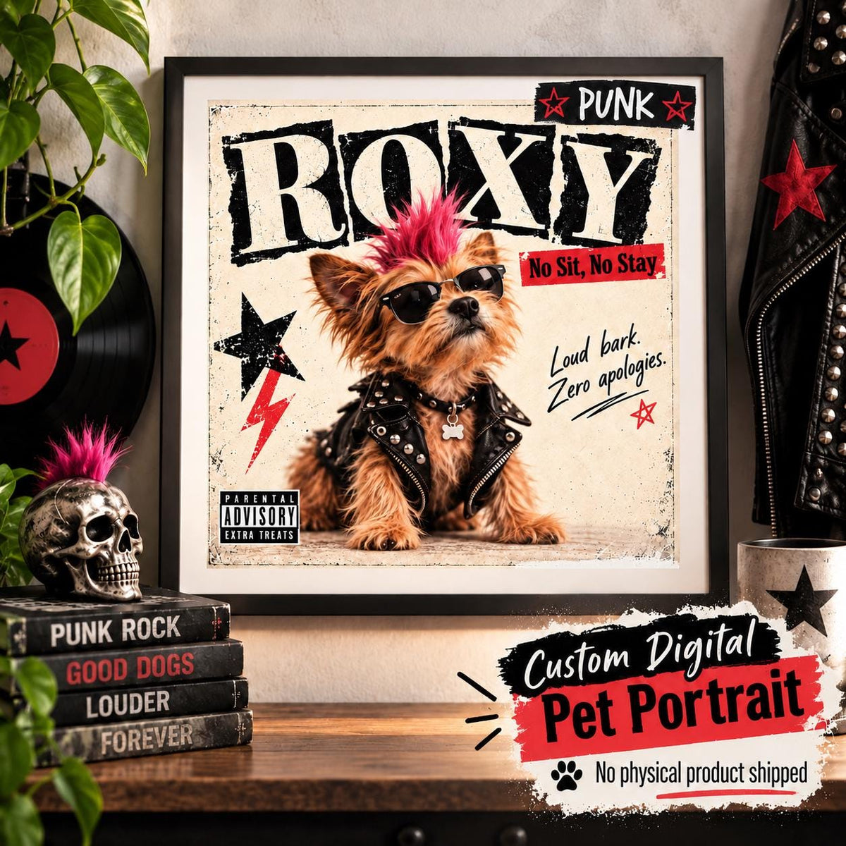 Custom punk dog portrait album cover featuring Roxy with bright mohawk, sunglasses, leather jacket, and edgy framed wall art.