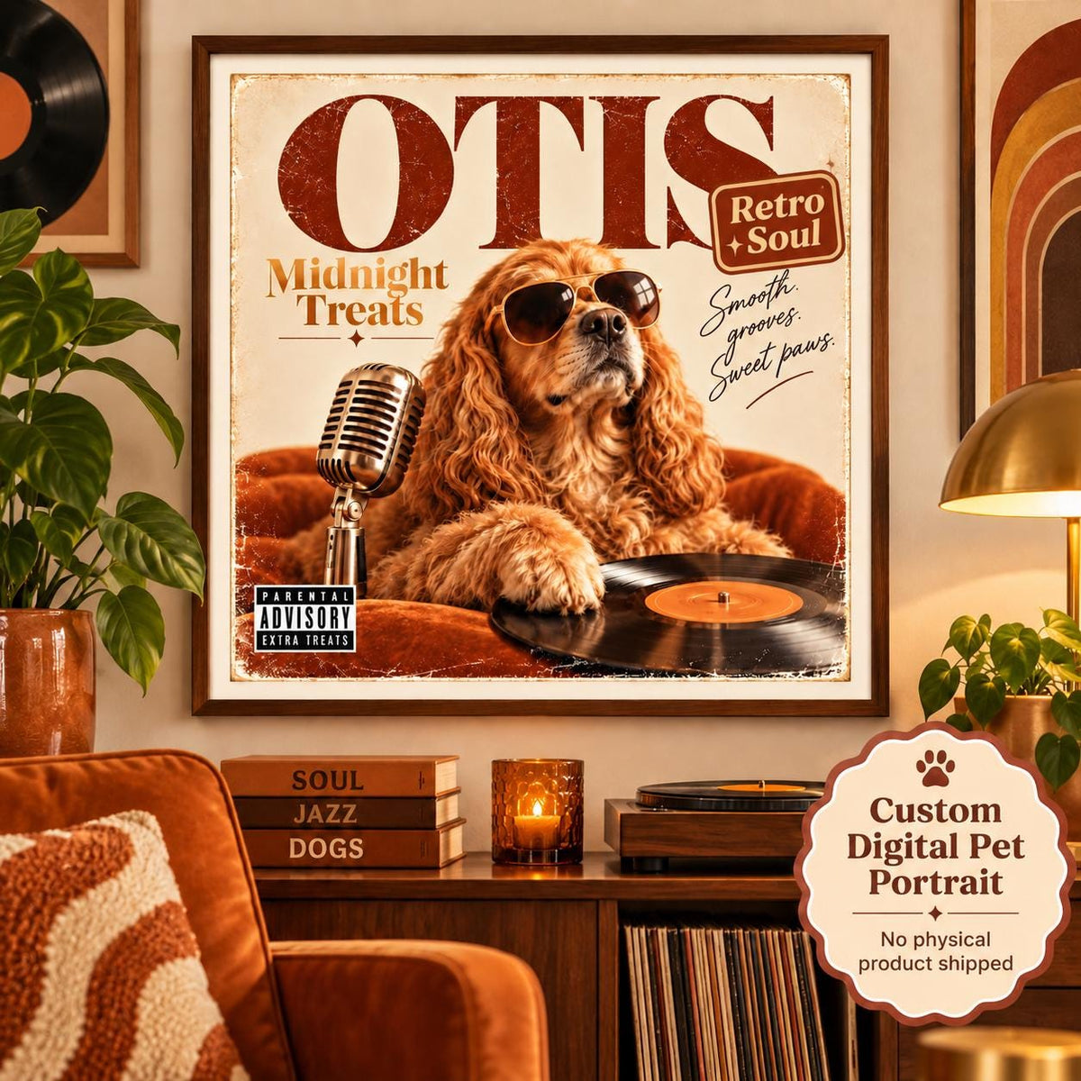Custom retro soul dog album cover portrait featuring Otis with sunglasses, microphone, vinyl record, and warm vintage decor.
