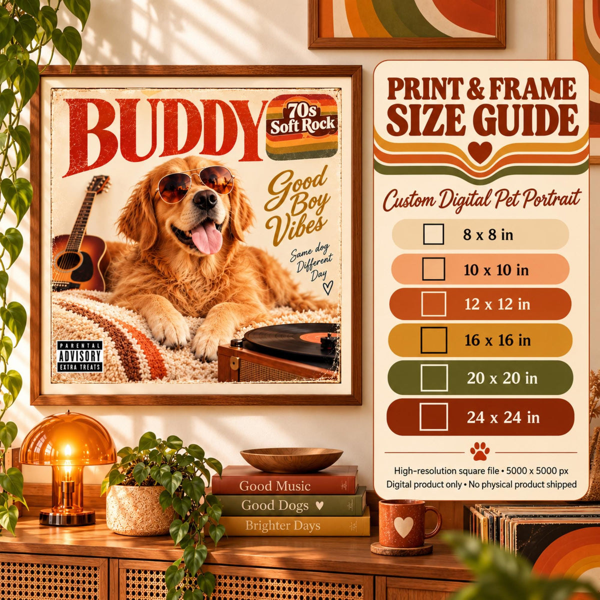 Custom digital pet portrait print and frame size guide showing square sizes from 8x8 to 24x24 inches for a 5000x5000 pixel file.
