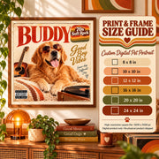 Custom digital pet portrait print and frame size guide showing square sizes from 8x8 to 24x24 inches for a 5000x5000 pixel file.