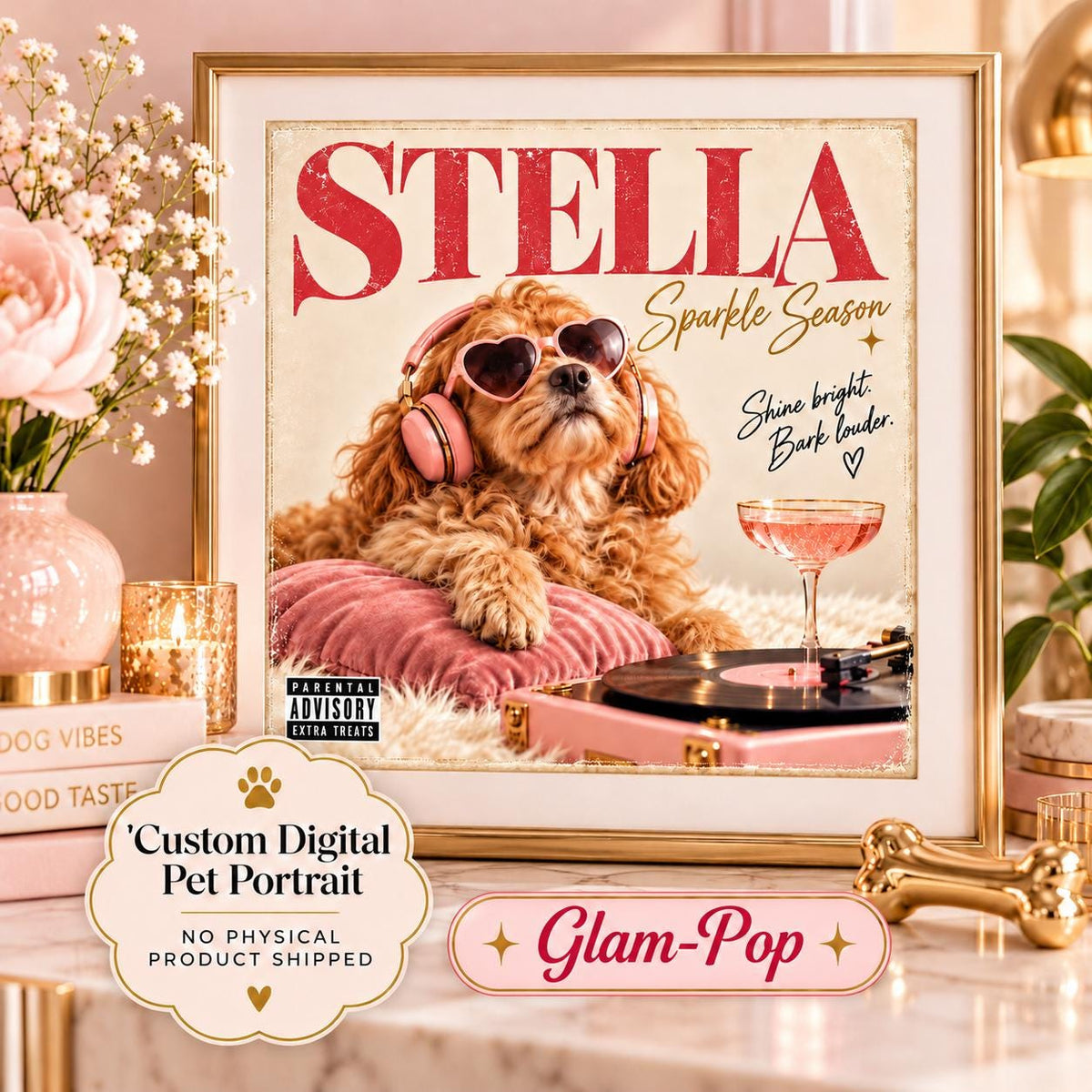 Custom glam pop dog album cover portrait featuring Stella with pink heart sunglasses, headphones, and soft glamorous styling.