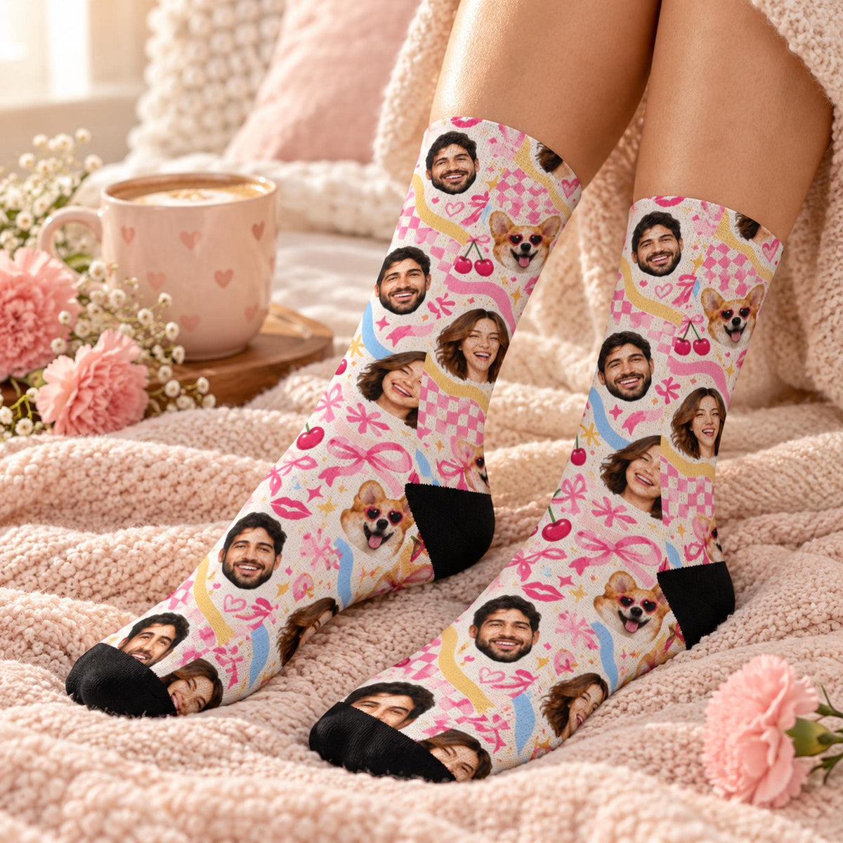 Custom face socks worn while relaxing on a soft pink blanket with a coffee mug and flowers nearby. Personalized design features repeating human and pet portraits with playful pink hearts, retro bows, and pastel accents.