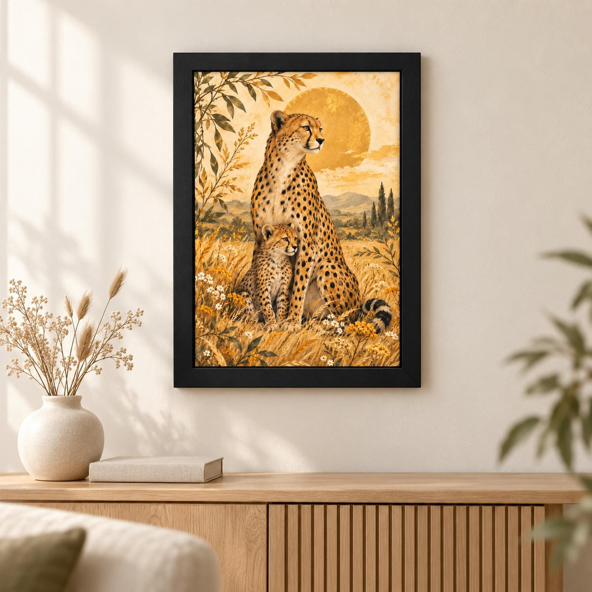 Vertical safari animal artwork displayed on a light wall above a wooden cabinet in a warm minimalist interior.