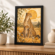 Cheetah mother and cub print styled on a wooden console beside neutral decor, greenery, and ceramic accents.