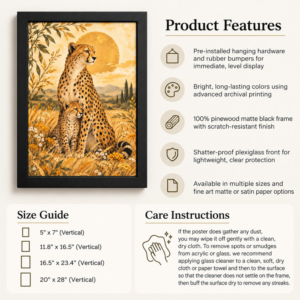 Product information card showing the cheetah wall art with key features, size guide, and care instructions.