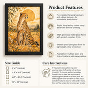 Product information card showing the cheetah wall art with key features, size guide, and care instructions.