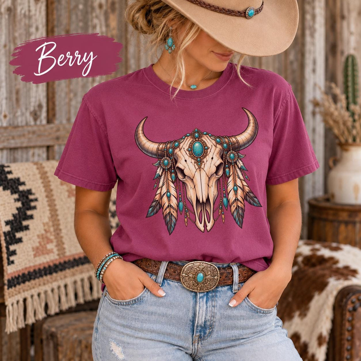 Berry Comfort Colors 1717 shirt featuring the ornate longhorn skull graphic with turquoise-inspired stones and feminine boho details.