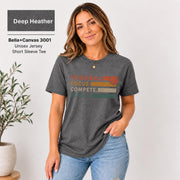 Deep Heather T-shirt showcasing the typography graphic in contrasting warm colors.