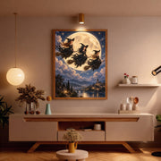 Witchy celestial art displayed above a wooden console in a warmly lit room. The illustration features flowing black dresses, three flying witches, a giant golden moon, and an enchanted riverside castle.