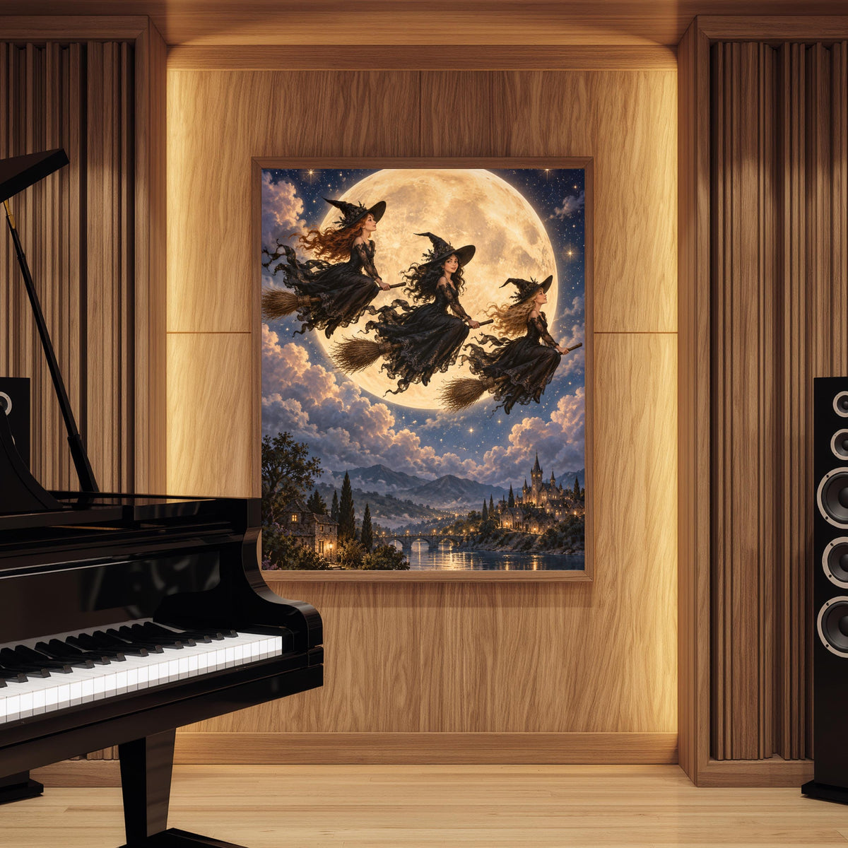 Dark academia witch artwork displayed on a warm wood-paneled wall beside a black grand piano. The fantasy illustration features three elegant witches soaring through a starry sky above a magical village.