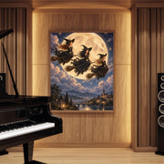 Dark academia witch artwork displayed on a warm wood-paneled wall beside a black grand piano. The fantasy illustration features three elegant witches soaring through a starry sky above a magical village.
