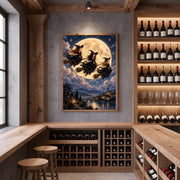 Gothic witch artwork displayed in a cozy home library with dark winery and vintage furnishings. The magical illustration shows three witches flying over an enchanted castle and moonlit river.