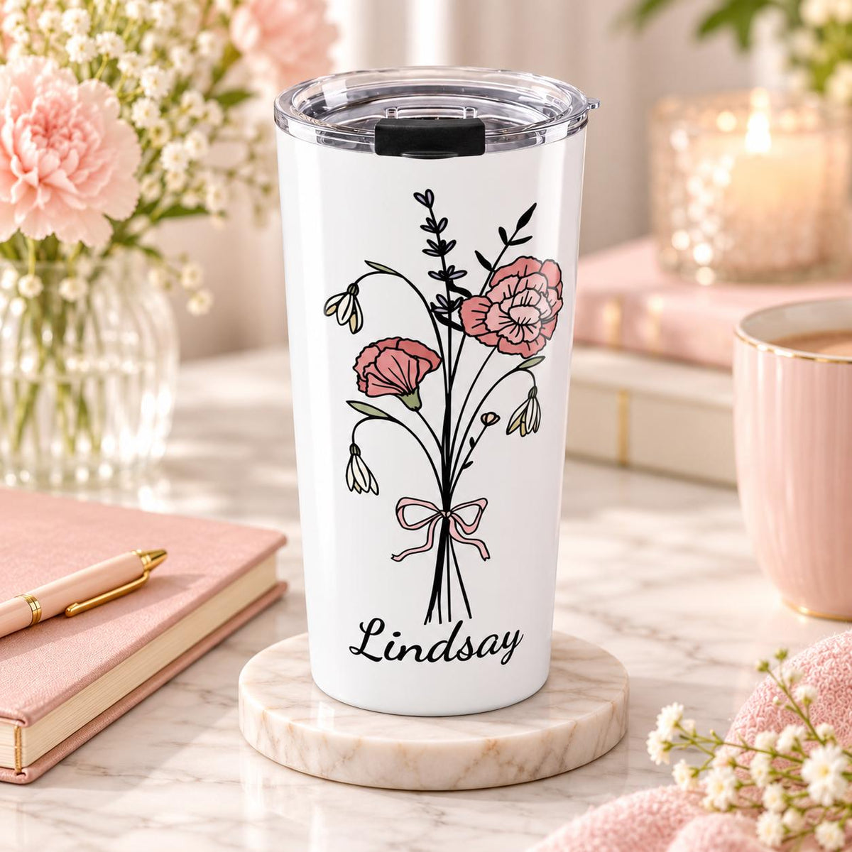 Birth Month Flower Tumbler - Personalized 20oz Mug - Custom Name Insulated Cup - Great for Mother's Day - Floral Name Tumbler, 20oz