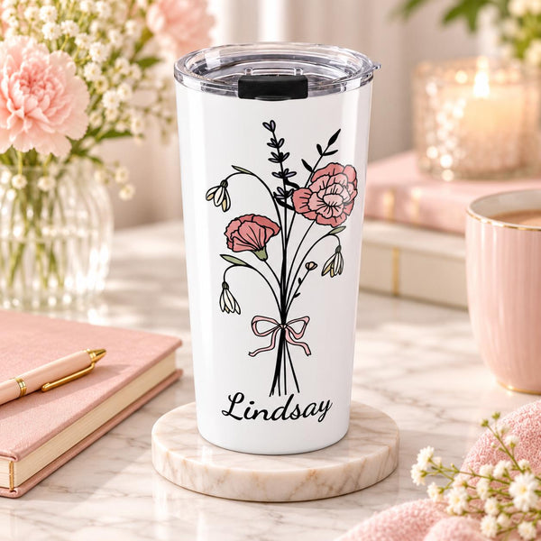 Birth Month Flower Tumbler - Personalized 20oz Mug - Custom Name Insulated Cup - Great for Mother's Day - Floral Name Tumbler, 20oz