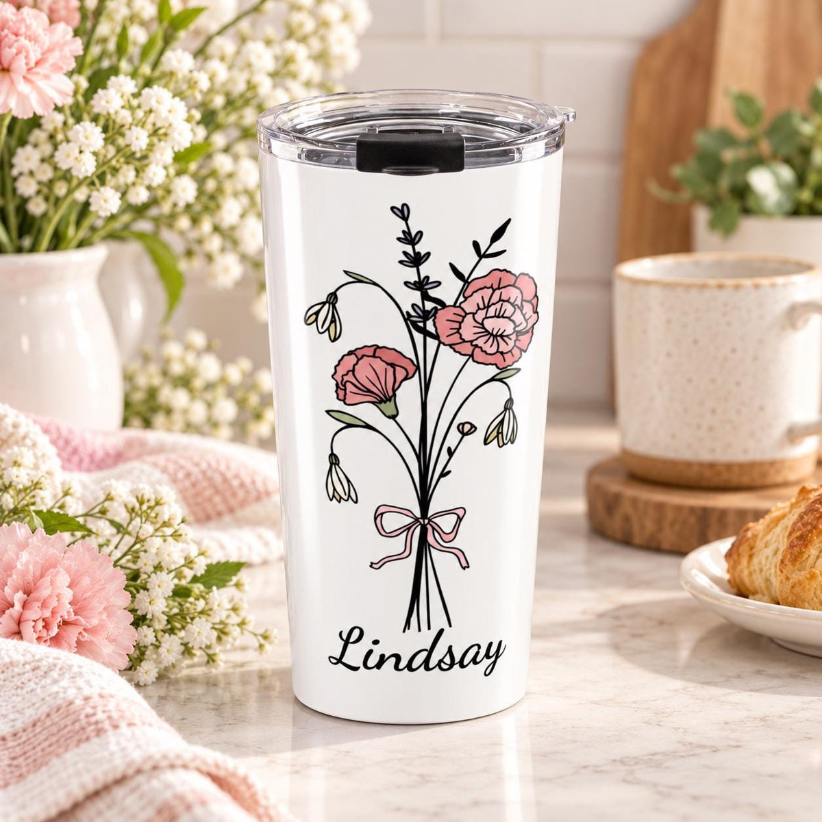 Birth Month Flower Tumbler - Personalized 20oz Mug - Custom Name Insulated Cup - Great for Mother's Day - Floral Name Tumbler, 20oz