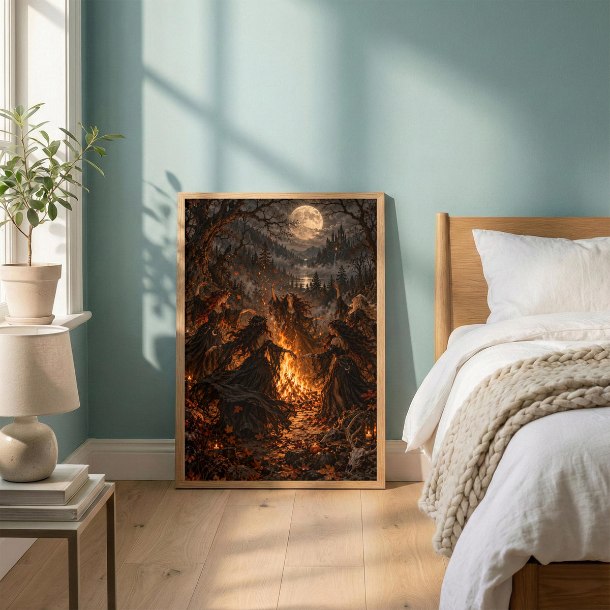 Mystical witch wall art displayed beside a neatly made bed in a bright bedroom with pale blue-green walls. The poster features five women in flowing Gothic gowns beneath a golden moon.