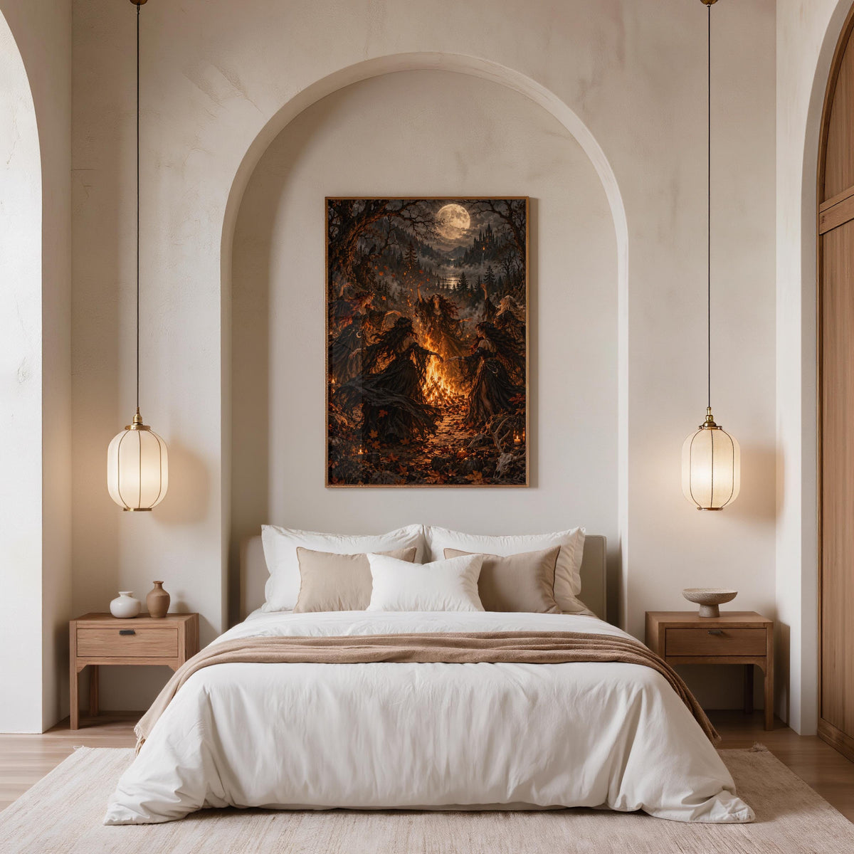 Dark fantasy wall art displayed above a neatly made cream bed between two bedside lamps. The framed poster features mysterious witches in flowing black dresses dancing around a blazing bonfire.