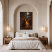Dark fantasy wall art displayed above a neatly made cream bed between two bedside lamps. The framed poster features mysterious witches in flowing black dresses dancing around a blazing bonfire.