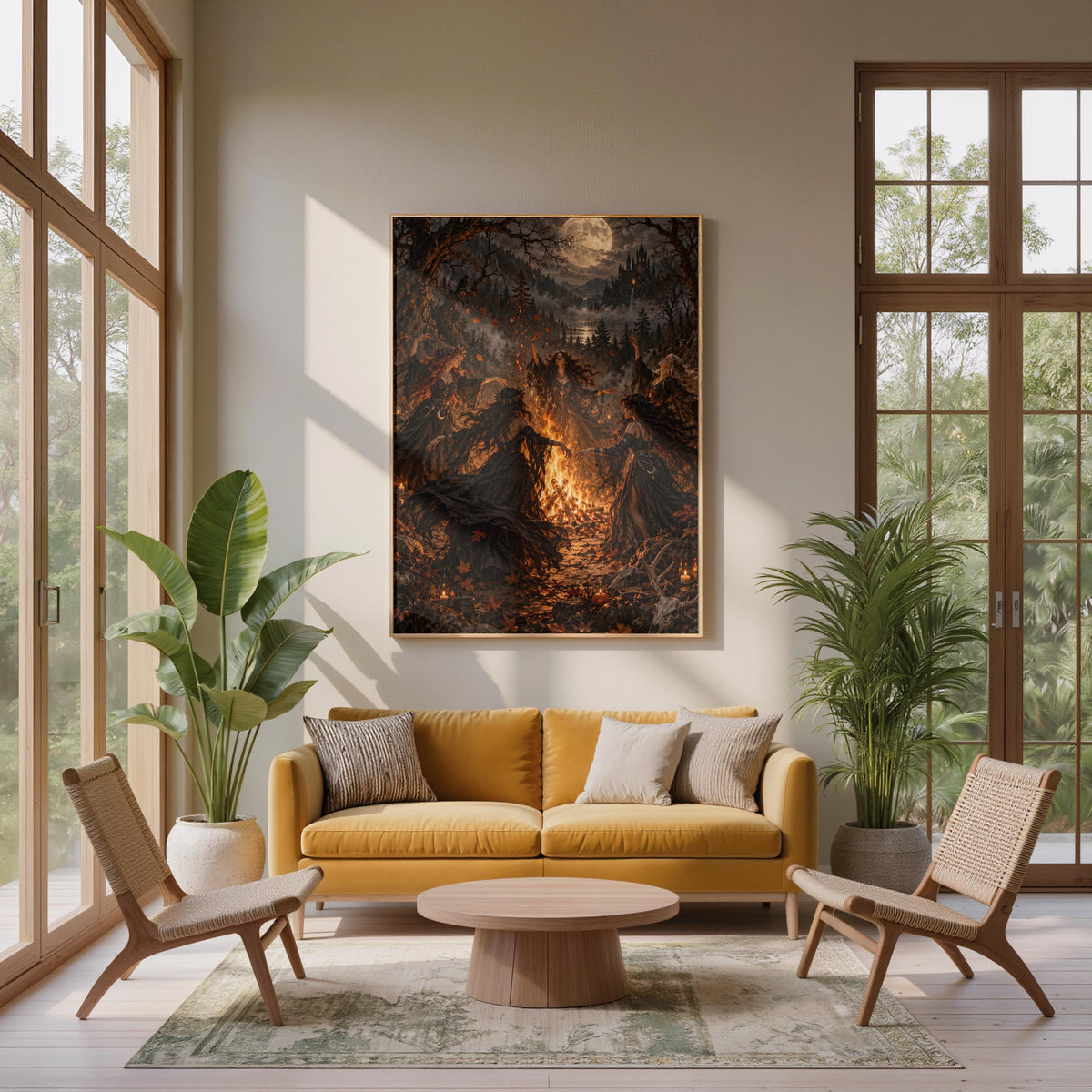 Framed Gothic witch wall art displayed above a mustard sofa in a bright living room with tall windows and houseplants. The dramatic artwork features five witches, a golden moon, and a fiery woodland gathering.
