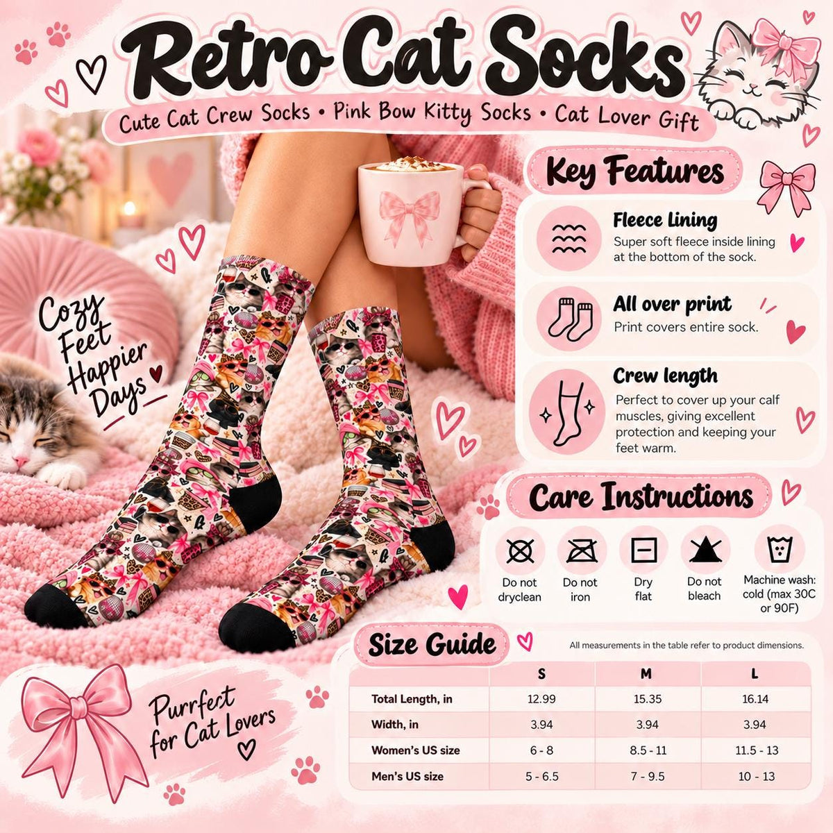 Retro Cat Socks product information graphic showing fleece lining, all-over print, crew length, washing care instructions, and size chart for small, medium, and large with women's and men's US shoe sizes.