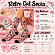 Retro Cat Socks product information graphic showing fleece lining, all-over print, crew length, washing care instructions, and size chart for small, medium, and large with women's and men's US shoe sizes.