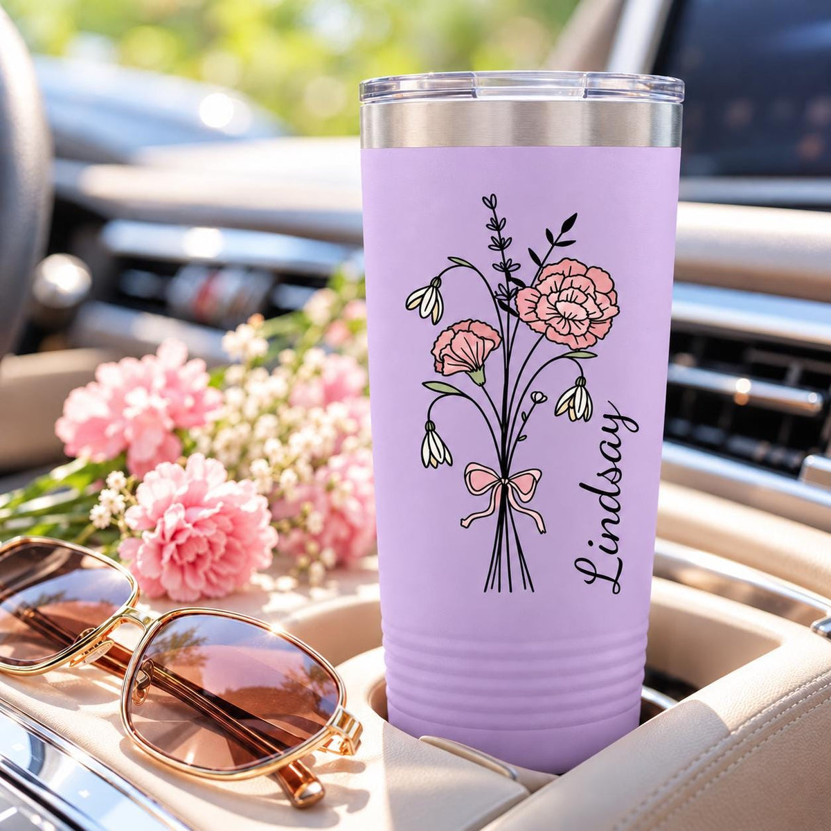 Light purple tumbler mockup displaying the same custom flower design with black line art, soft pink blossoms, and personalized name.