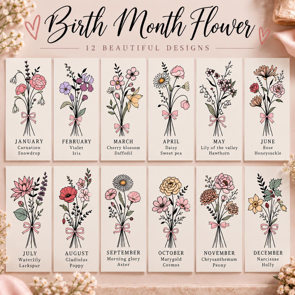 Birth month flower guide showing twelve botanical bouquet options for January through December to choose from for personalized tumbler orders.