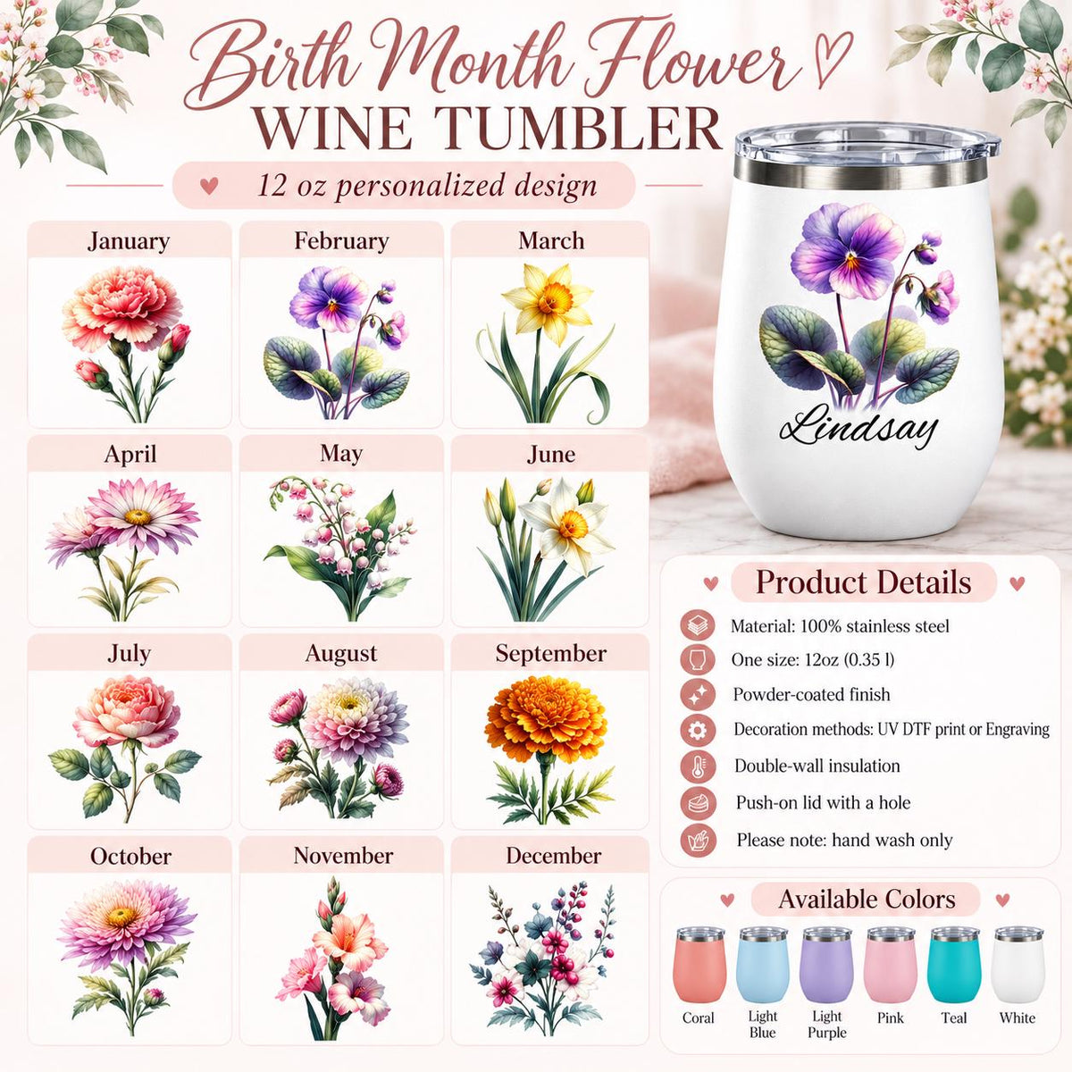 Birth month flower wine tumbler guide showing twelve watercolor floral options, product details, available colors, and personalization choices.